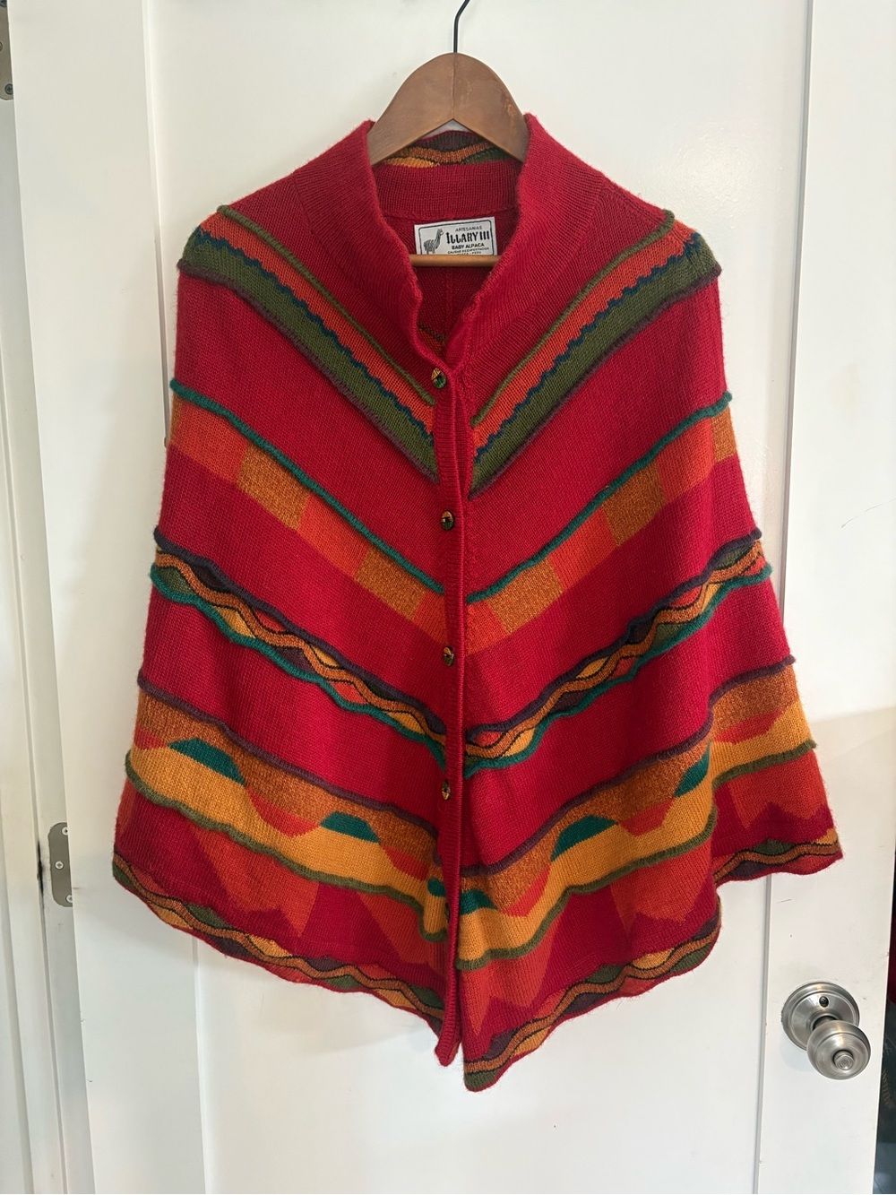 Red Patterned Button-Front Poncho Jacket - Picture 2 of 9